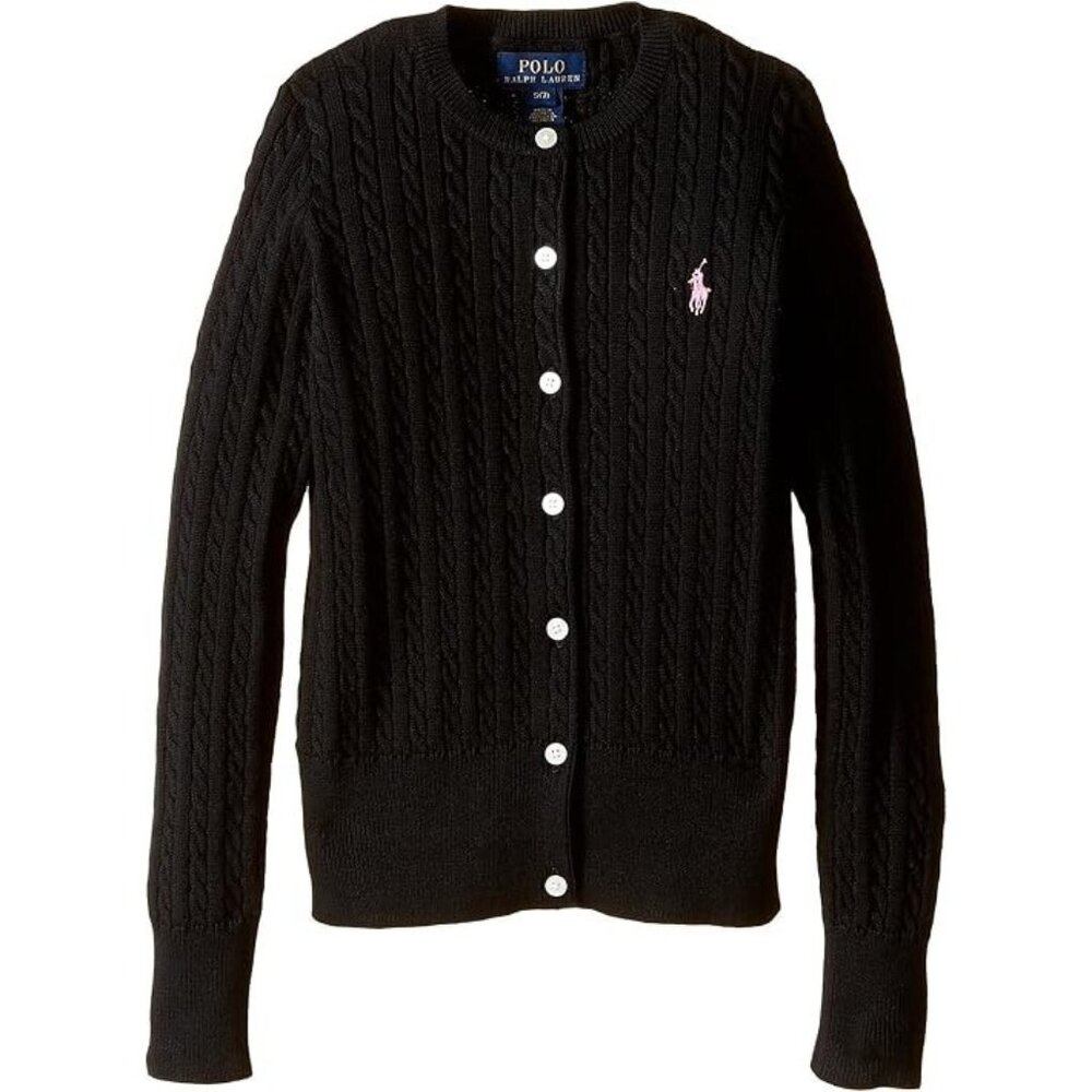 NEW Polo Ralph Lauren Girls Mini Cable Knit Cardigan Black Size Large XL 16